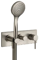 GESSI Via Tortona Parties apparentes mitigeur douche mural deux sorties avec inverseur, alimentation de l’eau murale, support, flexibles de raccondement 1,50 m et douchette anticalcaire Finox Brushed 