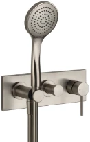 GESSI Via Tortona Parties apparentes mitigeur douche mural deux sorties avec inverseur, alimentation de l’eau murale, support, flexibles de raccondement 1,50 m et douchette anticalcaire Finox Brushed 