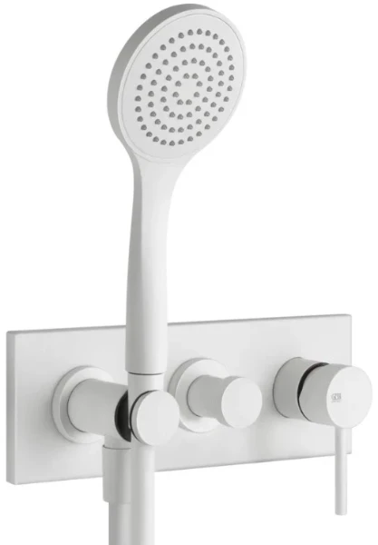 GESSI Via Tortona Parties apparentes mitigeur douche mural deux sorties avec inverseur, alimentation de l’eau murale, support, flexibles de raccondement 1,50 m et douchette anticalcaire Blanc CN
