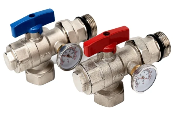 RIIFO UFH bolkraan + thermometer voor vloerverwarmingscollector (set 2st) 4/4 x 4/4 - rood/blauw - omkeerbare aansluiting haaks+recht - prijs per set