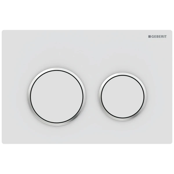 Plaque de déclenchement Geberit Omega20 pour rinçage à 2 volumes - blanc mat laqué - revêtement facile à nettoyer - chromé brillant