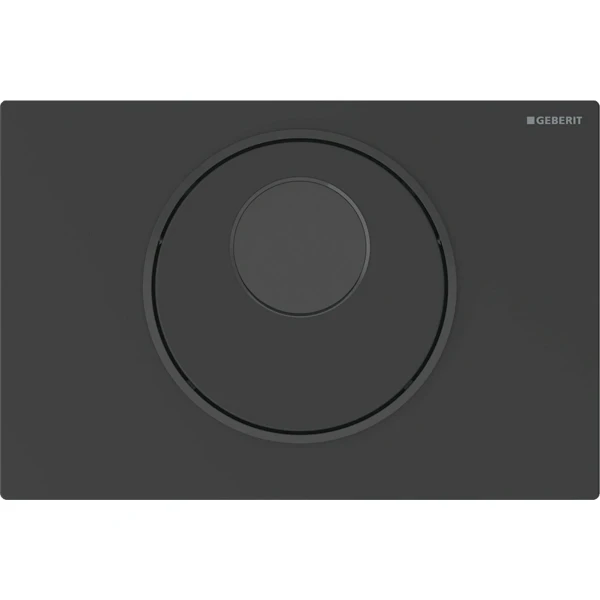 Commande de WC Geberit à déclenchement électronique du rinçage - alimentation par pile - rinçage à 2 volumes - plaque de déclenchement Sigma10 - automatique/sans contact/manuelle - noir mat laqué - re