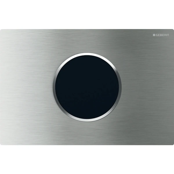 Commande de WC Geberit à déclenchement électronique du rinçage - alimentation sur secteur - rinçage à 2 volumes - plaque de déclenchement Sigma10 - automatique/sans contact - brossé - revêtement facil