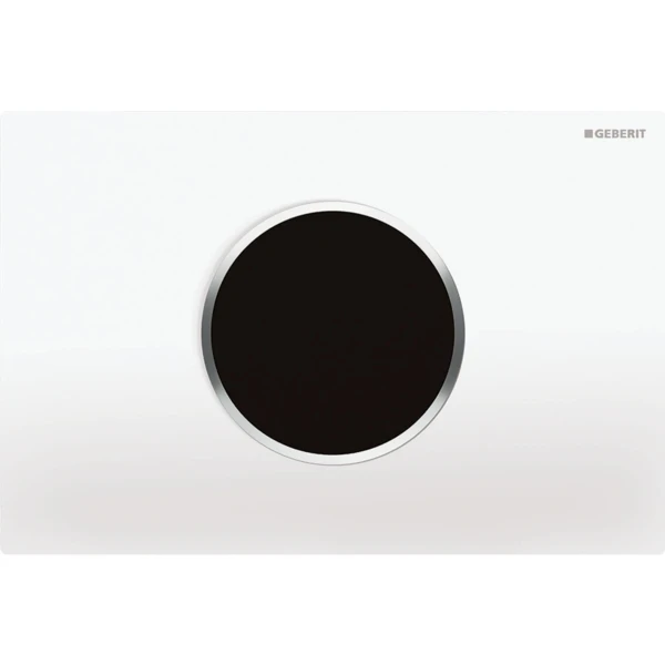 Commande de WC Geberit à déclenchement électronique du rinçage - alimentation sur secteur - rinçage à 2 volumes - plaque de déclenchement Sigma10 - automatique/sans contact - blanc - chromé brillant