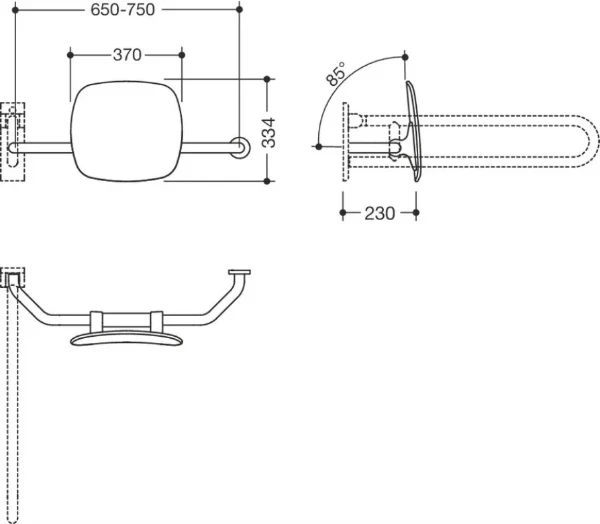 HEWI appui dorsal 230mm, Fb90,mont. mural/barre relev.,dr, gris clair