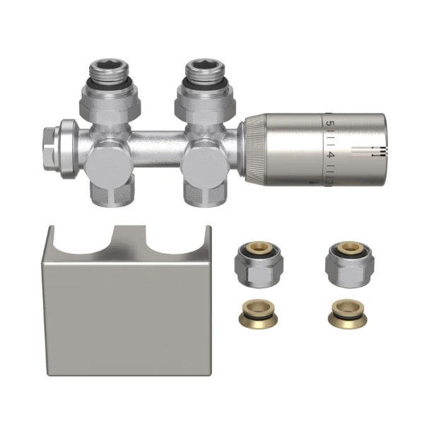 ProOne Radect universele\radiatoraansluitset met\thermostatiseerbare H-stuk\recht of haaks + thermostaatkop\met afdekkap - geborsteld mat - inclusief koppelingen 15 mm / 16x2 mm
