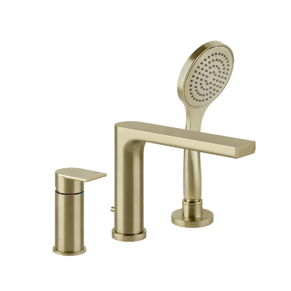 Gessi Via Manzoni mélangeur baignoire 3 trous sur gorge - Brass Brushed PVD - avec inverseur et douchette anti-calcaire avec flexible 1500 mm