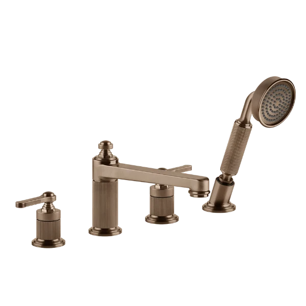Gessi Venti20 mélangeur baignoire sur gorge 4 trous - Copper Brushed PVD - avec inverseur et bec et douchette anti-calcaire avec flexible 1500 mm