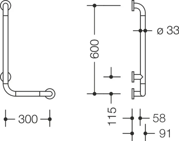 HEWI L-barre maintien coudée ,A1=600,W1= 300,BM211.3,L-vers., blanc pur
