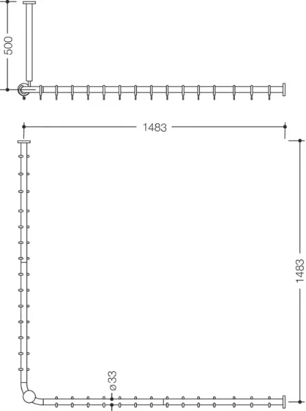 HEWI tringle à rideau , racc.,A1/2=1483, supp.plafond A=500, blanc pur