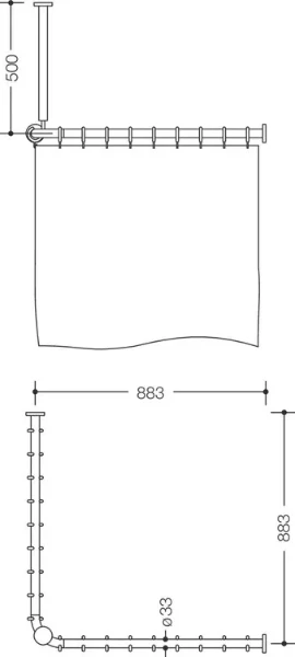 HEWI tringl.rideau ,A1/A2=883,supp. plafond A=500 et rideau,blanc sécurité