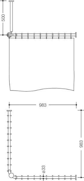 HEWI tringl.rideau ,A1/A2=983,supp. plafond A=500 +rideau,EM,blanc sécurité
