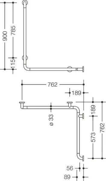 Hewi 801 barre douche/baign.,A1=900,W1=762,W2= 762,BM211.5, blanc pur