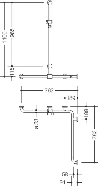 Hewi 801 barr douche/baign.,A1=1100,W1/2=762, coul.,BM211.6,version-L, blanc de sécurité