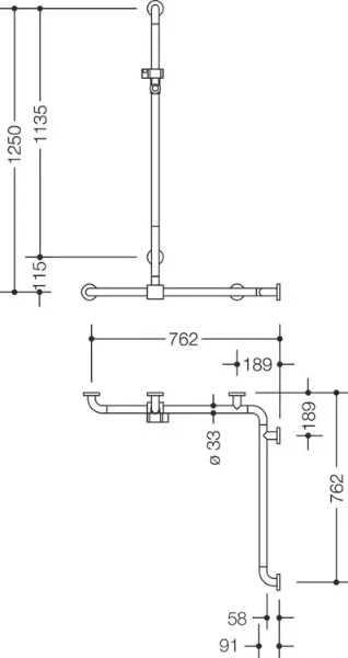 HEWI barr douche/bagn.,A1=1250,W1/2=762, coul.,BM211.6,L-vers., gris clair