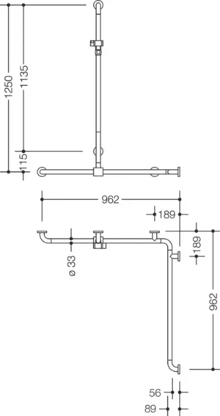 HEWI barr douche/bagn.,A1=1250,W1=962,W2= 962,coul.,BM211.6, blanc de sécurité