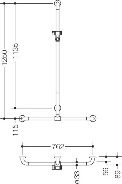 HEWI barr douche/bagn.,A1=1250,W1=762, coulisseau,BM211.4, blanc pur