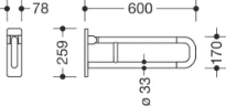 HEWI barre d`appui relevable ,L=600mm gris clair