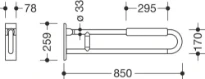 HEWI barre d`appui relevable ,L=850mm, avec rembourrage, blanc pur