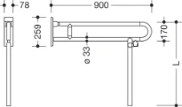 HEWI barre d`appui relevable ,L=900mm, av. supp. de plancher, blanc de sécurité