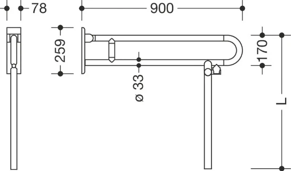 HEWI barre d`appui relevable ,L=900mm, av. supp. de plancher, blanc de sécurité