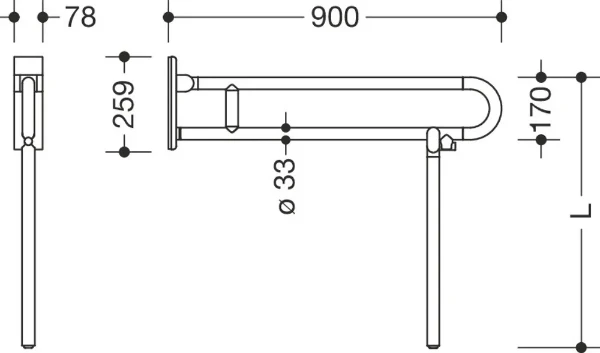 HEWI barre d`appui rel.mobile ,pivot.,L= 900mm,av.supp.planch, blanc pur