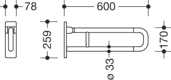 HEWI barre d`appui relevable ,L=600mm, fixe, noir foncé