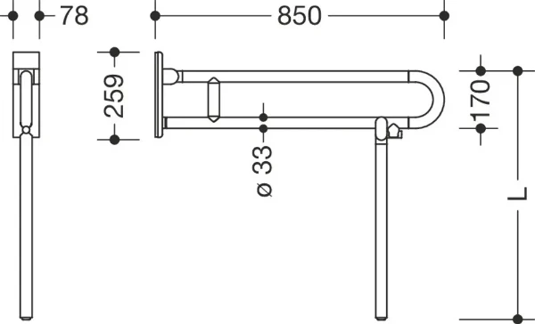 HEWI barre d`appui rel.mobile ,fixe,L= 850mm,av.supp.plancher,blanc de sécurité