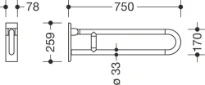 HEWI barre d`appui relevable ,L=750mm, fixe, blanc pur