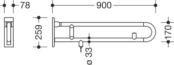 Hewi 801 barre d`appui relev.,fixe,L=900, E-mod.touch.fonction, blanc pur