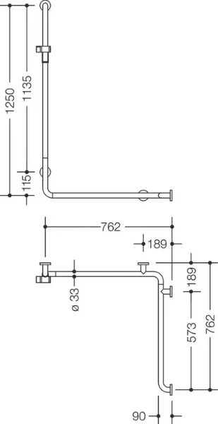 HEWI barre maint.douche/bagn. ,B5,A1= 1250,W1=762,W2=762, dr., blanc pur