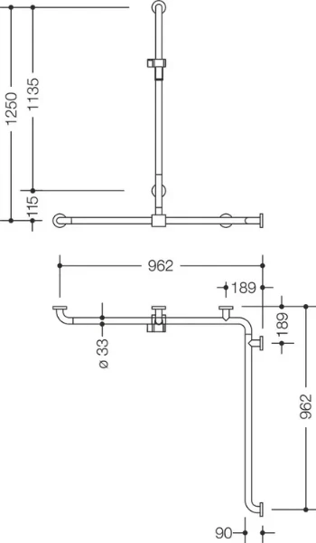 HEWI barre maint.douche/bagn. ,B..,A1= 1250,W1=962,W2=962, gris anthracite