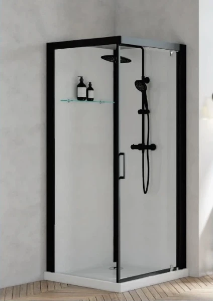 Kinedo Brooklyn Black cabine de douche avec porte pivotant 900 x 900 x 2060 mm - transparant - noir - paroi arrière en verre - receveur de douche (blanc)