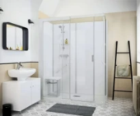 Kinedo Kinemagic Serenite modèle nich avec porte coulissante 1600 x 900 mm - transparant - paroi arrière élevé en verre blanc - avec robinetterie
