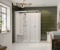 Kinedo Kinemagic Serenite+ modèle coin avec porte coulissante 1700 x 800 mm - transparant -  paroi arrière élevé en verre blanc - avec robinetterie