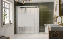 Kinedo Kinemagic Serenite+ modèle coin avec porte coulissante 1700 x 900 mm - intimi -  paroi arrière élevé en verre blanc - avec robinetterie
