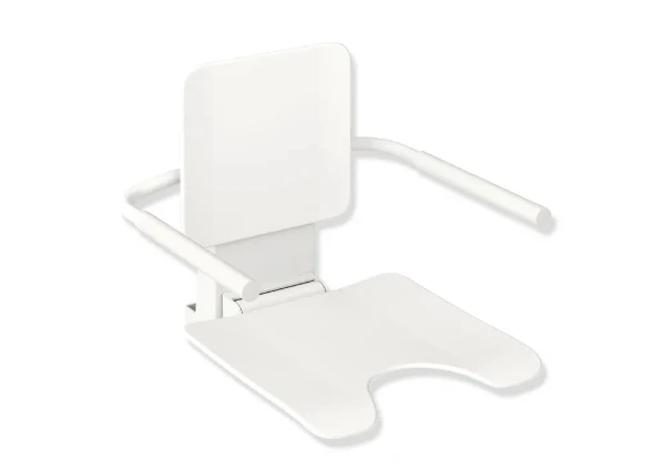 HEWI hangzitje, armleuning + hygiene cutout, gepoedercoat, mat wit/mat wit