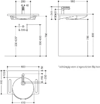 Hewi serie 950 set de lavabo 001 lavabo 600 x 550 mm - blanc pur - avec trou de robinet - avec mitigeur de lavabo - chromé - sans trop-plein - avec poignées