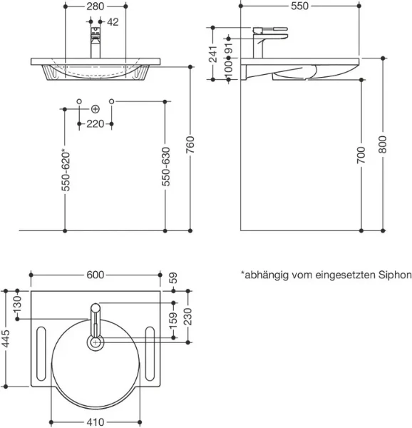 Hewi serie 950 set de lavabo 001 lavabo 600 x 550 mm - blanc de sécurité - avec trou de robinet - avec mitigeur de lavabo - chromé - sans trop-plein - avec poignées