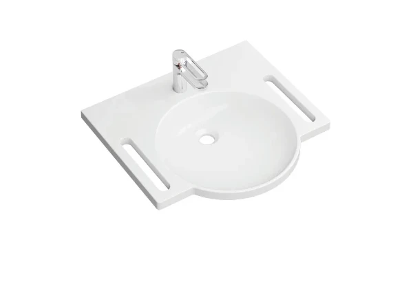 Hewi serie 950 set de lavabo 002 lavabo 600 x 550 mm - blanc alpin - avec trou de robinet - avec mitigeur de lavabo - chromé - sans trop-plein - avec poignées