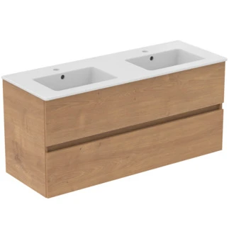 Ideal Standard Eurovit wastafelonderkast met 2 laden en wastafelblad 1215 x 455 x 565 mm - met kraangat - met overloop - Natural Oak