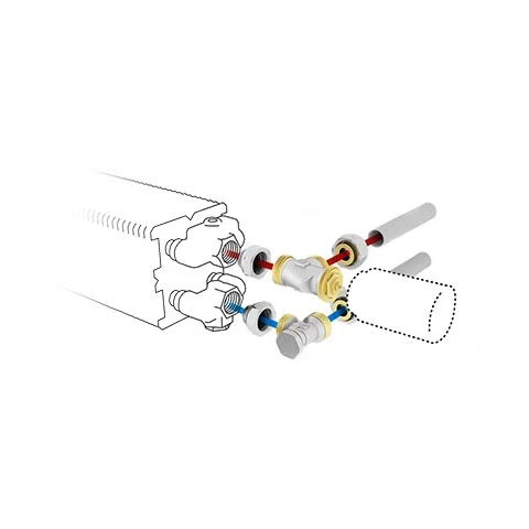 Jaga kit 25 - raccordement vers le mur - commande en partie basse au sein de l'habillage - M24 - Jaga Heimeier tête de vanne chauffer et refroidir - raccords bicônes M24 x 16/2 VPE/ALU