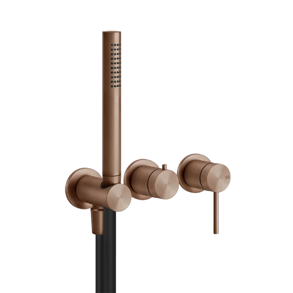 Gessi Shower316 Extern deel Wand-mengkraan Douche 2 -wegs met omstelknop, wateraansluitpunt en houder handdouche Geb. Koper PVD