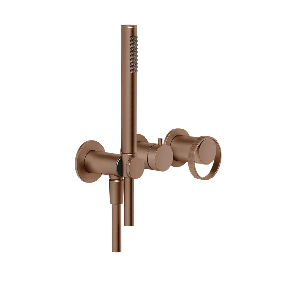 PF63345#708 GESSI Anello Extern deel Wand-mengkraan Douche 2 -wegs met omstelknop, wateraansluitpunt en houder handdouche Geb. Koper PVD