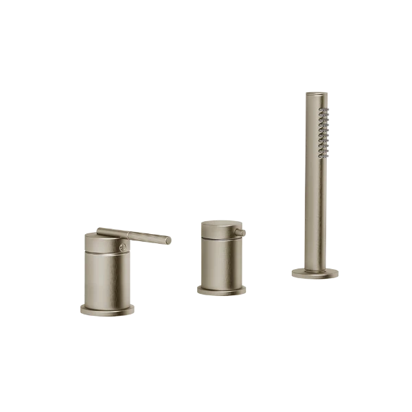 GESSI Ingranaggio Badrandgroep 3 gaten met omstelknop, buigzame slang 1,50 m en antikalk-handdouche. Afgifte naar de badkolom Finox Brushed Nickel