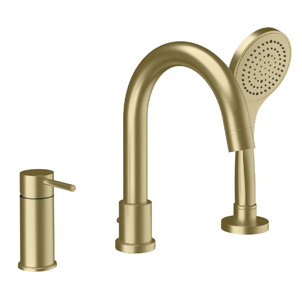 Gessi Via Tortona Badrandgroep 3 gaten met wateruitloop, omstelknop, buigzame slang 1,50 m en antikalk-handdouche. Omstelknop ingebouwd in de uitloop Brushed Br