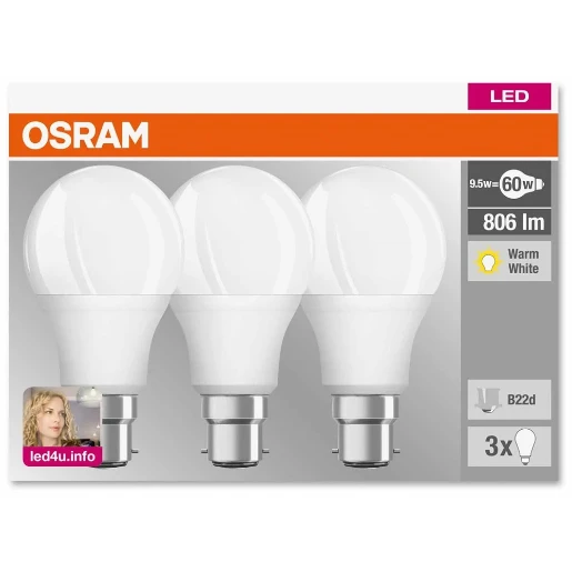 Lamp GLS LED B22 9W 2700K 806lm 3Pack