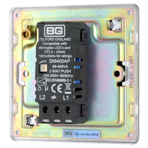 Switch Push Dimmer LED Decorative Flatplate Screwless 1 Gang 2 Way 400W/100W Polished Chrome