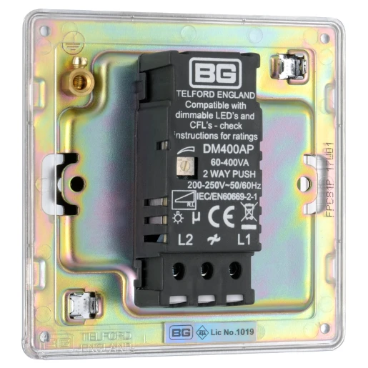 Switch Push Dimmer LED Decorative Flatplate Screwless 1 Gang 2 Way 400W/100W Polished Chrome