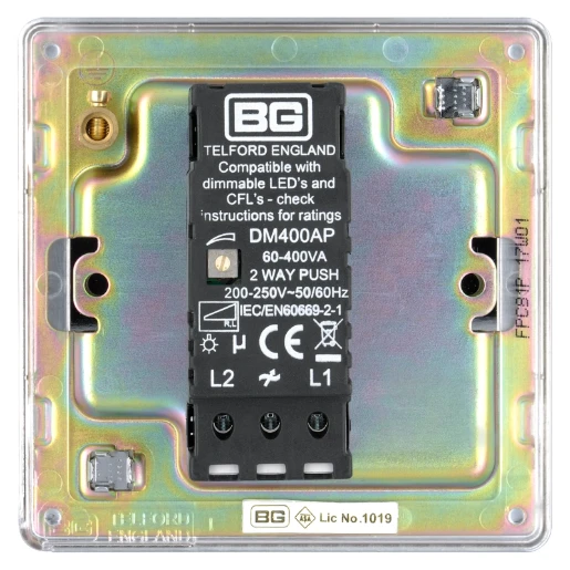 Switch Push Dimmer LED Decorative Flatplate Screwless 1 Gang 2 Way 400W/100W Polished Chrome